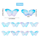 Two Tone Transparent Spray Painted Glass Beads, with Glitter Powder, Butterfly, Dodger Blue, 8x15x4.5mm, Hole: 1mm, 100pcs/box