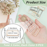 15Pcs 3 Colors Alloy Buckles, Garment Accessories, Rectangle, Mixed Color, 17.5x35.5x1.5mm, 5pcs/color