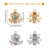 4Pcs 2 Colors Brass Micro Pave Colorful Cubic Zirconia Chrams, Frog, Golden & Stainless Steel Color, 14.5x13x6mm, Hole: 1.3mm, 2pcs/color