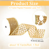 15 Yards Filigree Polyester Lace Trim, Sparkle Lace Ribbon, for Clothing Decoration, Flat, Gold, 2-1/2 inch(63mm)