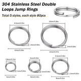 400pcs 5 Styles 304 Stainless Steel Split Rings, Double Loops Jump Rings, Stainless Steel Color, 5~12x1~2mm, Inner Diameter: 3.8~10mm, Single Wire: 0.5~1mm, 80pcs/style