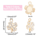 60Pcs 2 Colors Alloy Pendants, with Crystal Rhinestones, Cadmium Free & Lead Free, Clover, for Saint Patrick Theme, Platinum & Light Gold, 15x12x2.5mm, Hole: 1.8mm, 30Pcs/color