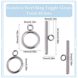 40 Sets Stainless Steel Ring Toggle Clasps, Stainless Steel Color, Ring: 19x14x2mm, Hole: 3mm, Bar: 24.5x7x2.5mmm, Hole: 3mm