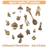 68Pcs 17 Styles Tibetan Style Alloy Charms, Rabbit & Mushroom & Umbrella, Antique Bronze, 6~59x8~19.5x2~6.5mm, Hole: 1.5~2.5mm, 4pcs/style