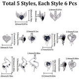 30Pcs 5 Styles Rack Plating Alloy Glass Pendants,  Heart Charms, Black, 18~33.5x17~20x5.5mm, Hole: 1.4~2.5mm, 6Pcs/style