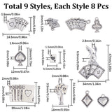 72Pcs 9 Styles Tibetan Style Alloy Pendants, Playing Card Charm, Antique Silver, 14.5~47x6.5~34x6.5mm, Hole: 1.5~2.8mm, 8pcs/style