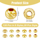 120pcs 6 styles Brass Spacer Beads, Long-Lasting Plated, Textured, Mixed Shapes, Golden, 3~6x1.7~4mm, Hole: 1.4~2mm, 20pcs/style