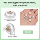 8Pcs 925 Sterling Silver Spacer Beads, with Silica Gel, Flat Round, Silver, 7.5x3mm, Hole: 1.2mm
