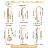 24Pcs 6 Style Brass Micro Pave Clear Cubic Zirconia Earring Hooks, with Loop, Golden, 15~18x2~3.5mm, Hole: 1.2mm, Pin: 0.6~1mm, 4pcs/style