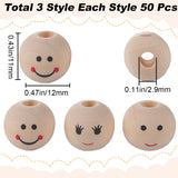 150Pcs 3 Styles Printed Wood Beads, Round with Smiling Face Pattern, Undyed, Bisque, 12x11mm, Hole: 2.9mm, 50pcs/style