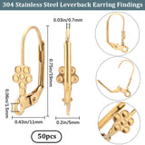 50Pcs Ion Plating(IP) 304 Stainless Steel Flower Leverback Earring Findings, with Horizontal Loops, Golden, 19x5x11mm, Hole: 1.5mm, Pin: 1x0.7mm