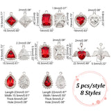 40Pcs 8 Style Platinum Plated Alloy Glass Pendants Sets, Crystal Rhinestone Charms, Rhombus & Octagon & Teardrop & Heart & Rectangle Charms, Red, 18.5~23.5x14~22.5x5~6mm, Hole: 1.8~2.2mm, 5Pcs/style