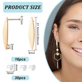 16Pcs Brass Stud Earrings, with Vertical Loops, Horse Eye, with 30Pcs Plastic Ear Nuts, Golden, 21.5x4mm, Hole: 2mm, Pin: 0.7mm