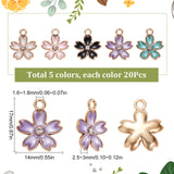 100Pcs 5 Style Alloy Enamel Pendants, with Crystal Rhinestone, Sakura Flower, Mixed Color, 17x14x2.5~3mm, Hole: 1.6~1.8mm, 20pcs/style