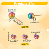 50Pcs 304 Stainless Steel Ball Stud Earring Post, with Horizontal Loops and 50 Pcs Ear Nuts, Rainbow Color, 15x6mm, Hole: 1.8mm