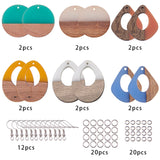 6 Pairs DIY Dangle Earring Making Kits, with Brass Earring Hooks, Teardrop & Flat Round Resin & Walnut Wood Pendants, Mixed Color, 28.5~37.5x27.5~28x2.5~4mm, Hole: 1.5mm