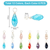 72Pcs 12 Color Transparent Glass Facted Teardrop Charms, with Platinum Copper Wire Wrapped Findings, Mixed Color, 17x6mm, Hole: 3mm, 6Pcs/color