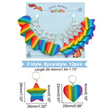 12Pcs 2 Style Striped Plastic Rainbow Heart & Star Charm Locking Stitch Markers, Silver Tone Brass Clasp Locking Stitch Marker, Colorful, 3.9~4.4cm, 6pcs/style