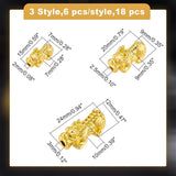 18Pcs 3 Style Alloy Beads, Pixiu with Chinese Character Cai, Real 24K Gold Plated, 15~24x7~12x7~10mm, Hole: 2~3mm, 6pcs/style