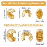 160Pcs 2 Style Brass Crimp Bead Cover, Real 18K Gold Plated, 4~5.5x2.5~3mm, Hole: 1.5~2mm, 80pcs/style