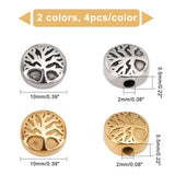 Retro 304 Stainless Steel Beads, Flat Round with Tree of Life, Mixed Color, 10x5.5mm, Hole: 2mm, 2 colors, 4pcs/color, 8pcs/box