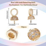 10Pcs Brass Micro Pave Cubic Zirconia Cup Pearl Peg Bails Pin Pendants, For Half Drilled Beads, Real 18K Gold Plated, 14.5x8mm, Hole: 5mm, Pin: 0.8mm