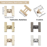 Zinc Alloy Bag Twist Lock Clasps, Handbags Turn Lock, Cadmium Free & Lead Free, Mixed Color, Lock: 44x45.5x6mm, Clasp: 26.5x28.5x10mm, Pin: 0.5x5mm, 4 colors, 1set/color, 4sets/box