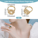 3Pcs Adjustable Brass Micro Pave Clear Cubic Zirconia Finger Ring Components, 4 Claw Prong Ring Settings, Flower, Golden, Inner Diameter: 18.4mm, Tray: 12x10mm