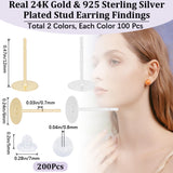 200Pcs 2 Colors 304 Stainless Steel Stud Earring Findings, Flat Round, 200Pcs Plastic Ear Nuts, Real 24K Gold & 925 Sterling Silver Plated, Mixed Color, 5~6x0.3~7mm, Hole: 0.8mm, Pin: 0.7mm