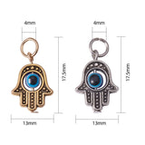 Tibetan Style Alloy Pendants, with Evil Eye Lampwork Round Beads, Hamsa Hand/Hand of Fatima /Hand of Miriam, Mixed Color, 17.5~18x13x4.5mm, Hole: 4mm, 15pcs/color, 30pcs/box