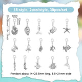 Sea Animal Theme Tibetan Style Alloy Pendant Decoration, with Lobster Claw Clasps, Antique Silver & Platinum, 30~38mm, 15 style, 2pcs/style, 30pcs/set