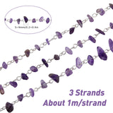 3 Strands Handmade Natural Amethyst Chips Beads Chains for Necklaces Bracelets Making, with Silver Color Plated Iron Eye Pin, Unwelded, 100cm