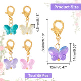 60Pcs Colorful Butterfly Glass Pendant Decorations, Lobster Clasp Charms, Clip-on Charms, for Keychain, Purse, Backpack Ornament, Mixed Color, 30mm