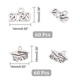 120Pcs 2 Style Tibetan Style Alloy Charms, Doctoral Cap with Birth Year 2023, Antique Silver, 10x14mm and 10x14mm, 60pcs/style
