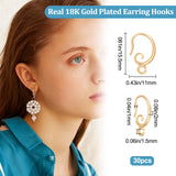 30Pcs Brass Earring Hooks, with Horizontal Loop, Real 18K Gold Plated, 15.5x11x2mm, Hole: 1.5mm, 18 Gauge, Pin: 1mm