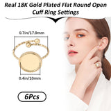 6Pcs 304 Stainless Steel Open Cuff Ring Component, Bezel Cup Ring Settings, Flat Round, Real 18K Gold Plated, US Size 7 3/4(17.9mm), Tray: 10mm