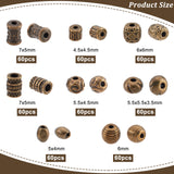 480Pcs 8 Style Tibetan Style Alloy Beads, Tube & Oval & Round, Antique Bronze, 5.5~7x4~6x3.5~6mm, Hole: 1~2.7mm, 60pcs/style