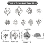 84Pcs 14 Styles Tibetan Style Alloy Connector Charms, Mixed Shapes, Antique Silver, 16~27x13~20x1~2mm, Hole: 1~2mm, 6pcs/style