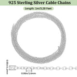 1M Rhodium Plated 925 Sterling Silver Cable Chain, Soldered, Platinum, 1.6x1.2mm