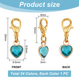 24Pcs 24 Colors Faceted Heart Glass Pendant Decoration, with Birthstone Charms, Alloy Lobster Claw Clasps Charms, Clip-on Charms, for Keychain, Purse, Backpack Ornament, Mixed Color, 20mm, 1pc/color