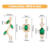 18Pcs 9 Styles Brass Pave Cubic Zirconia Connector Charms, Light Gold, Long-Lasting Plated, Branch & Teardrop & Butterfly, Mixed Color, 17~21x5~8.5x3~3.5mm, Hole: 1.2~1.5mm, 2pcs/style