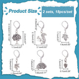 18Pcs 6 Style Hedgehog & Squirrel & Leaf & Pine Cone Tibetan Style Charms Locking Stitch Marker, with 304 Stainless Steel Leverback Earring Hook, Antique Silver, 30~39mm, Pin: 0.5mm, 3Pcs/style