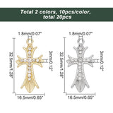 20Pcs 2 Colors Alloy Crystal Rhinestone Pendants, Cross Charms, Platinum & Golden, 32.5x16.5x3mm, Hole: 1.8mm, 10pcs/color