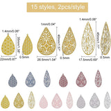 30Pcs 15 Style 430 Stainless Steel Filigree Pendants, Spray Painted, Etched Metal Embellishments, Teardrop, Mixed Color, 35~45x17.5~26.5x0.5mm, Hole: 1~1.4mm, 2pcs/style