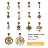 28Pcs Tibetan Style Alloy  Pendants, with Dreadlocks Braiding Beads, for Hair Styling, Leaf & Tree of Life & Clover, Antique Bronze, 25~55mm, Hole: 3.5mm, 14 style, 2pcs/style, 28pcs/set