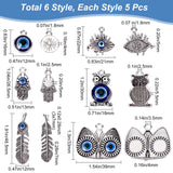 30Pcs 5 Styles Evil Eye Theme Alloy Enamel Pendants, Cadmium Free & Nickel Free & Lead Free, Mixed Shapes, Antique Silver, 16~33x12~39x4~7mm, Hole: 1.8~7mm, 5pcs/style