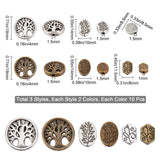 60Pcs 6 Style Alloy Beads, Flat Round with Tree, Cadmium Free & Lead Free, Mixed Color, 11.5~18x8~10x3~4mm, hole: 1~1.5mm, 10pcs/style