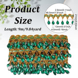 Polyester Tassel Lace Ribbon, Sparkle Paillette Lace Trim with Green Plastic Rhinestone Fringe Trimming, for Garment Accessories, Gold, 1-7/8 inch(48.5mm), about 9.84 Yards(9m)/pc