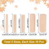 50Pcs 5 Style Solid Beech Wood Craft Sticks, Dowel Rods, Column, Bisque, 49.5~50x6~20mm, 10pcs/style