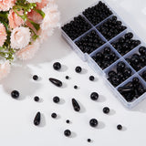 5 Style ABS Plastic Imitation Pearl Beads, Round & Teardrop, Black, 4~17x4~7.5x4~7.5mm, Hole: 1.6~2.3mm, 739pcs/box